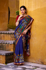 Thumbnail for Vastranavya Blue Viscose Chanderi Kalamkari Print with Zari Working Saree & Unstitched Blouse - Distacart