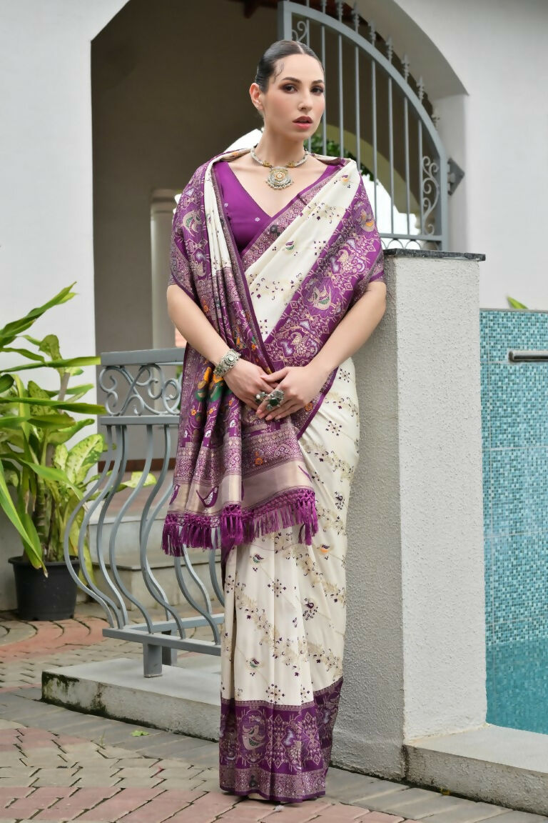 Vishnu Weaves Women's Wine Banarasi Silk Patola Zari Woven Saree with Blouse