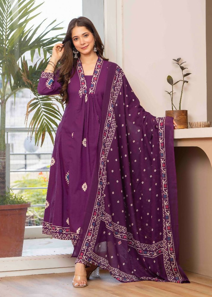 Jaimini Women Cotton Printed V-Neck 3/4 Sleeves Calf Length Flared Kurta Pant And Dupatta Set - Dista