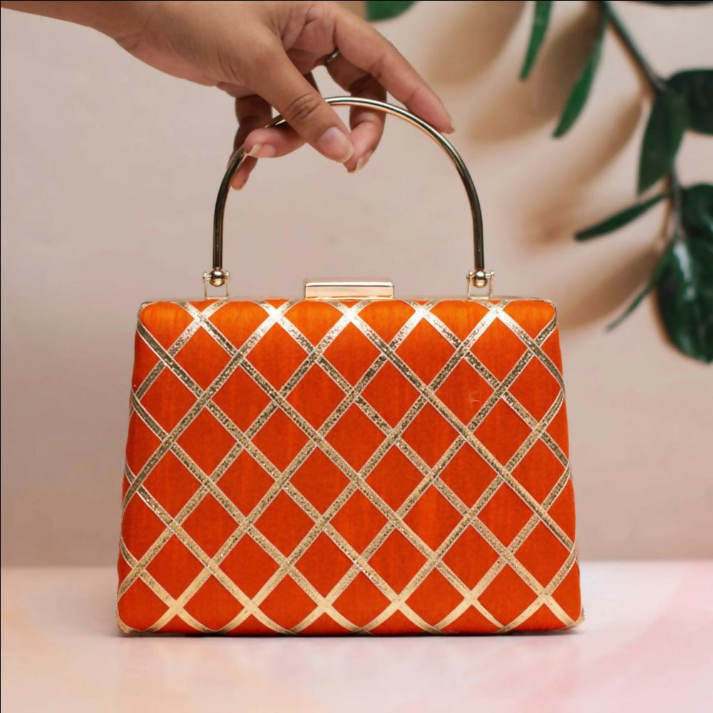 Joban Fashion Gota Patti Fabric Clutch - Orange - Dista