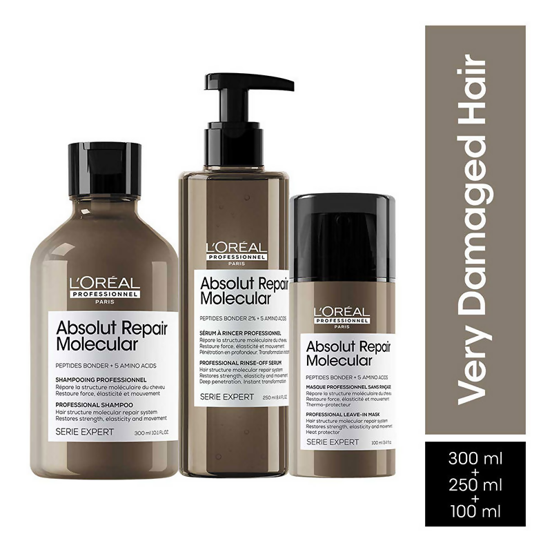L'Oreal Professionnel Absolut Repair Molecular Shampoo, Rinse-Off Serum & Leave-In Mask Damaged Hair - Distacart