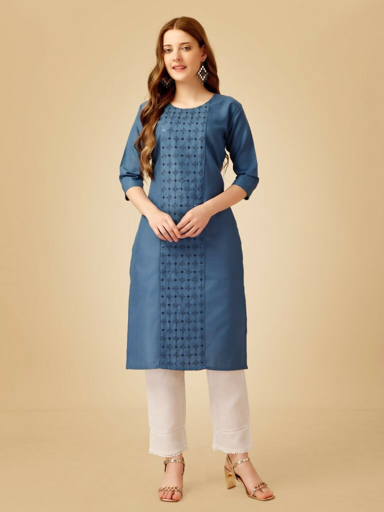 Jyoti Fashion Women's Denim Blue Cotton Blend Embroidered Kurta Pant Set - Distacart