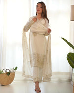 Thumbnail for Lehenga Mart Designer Salwar Suit With Kurta, Pant, Dupatta For Women-White - Distacart