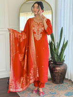 Thumbnail for The52 Rust Women's Gorgeous Roman Silk Fabric Straight Kurta, Pant and Dupatta Set - Distacart