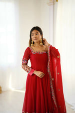 Thumbnail for Teeya Creation Red Color Heavy Georgette Wedding Wear Embroidery Work Long Gown