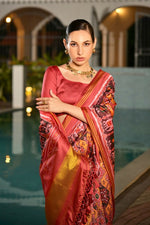Thumbnail for Vishnu Weaves Women's Mustard Banarasi Silk Patola Printed Saree with Blouse