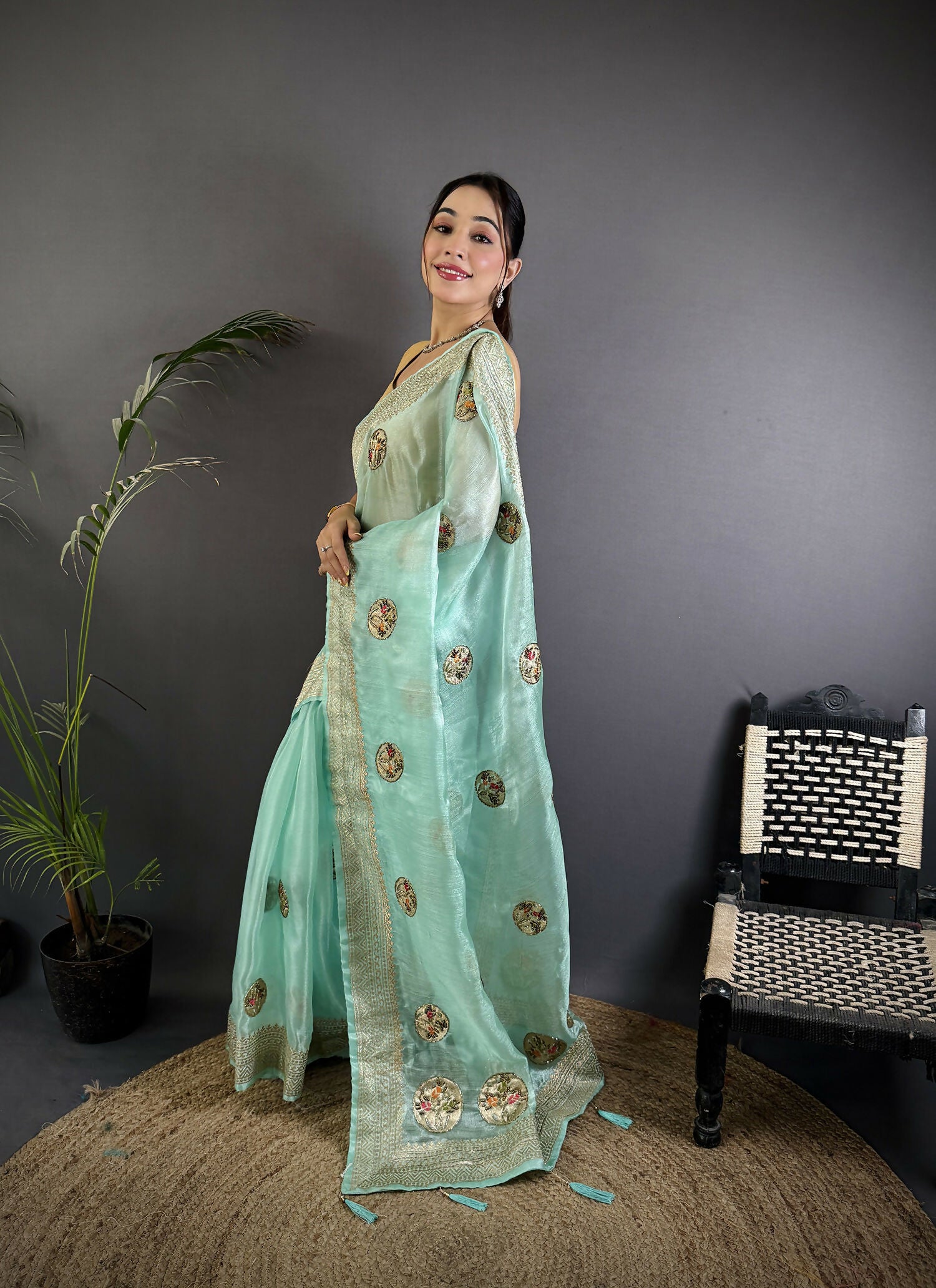 Joban Fashion Sky Blue Handloom Banarasi Organza Silk Khatali Butta Work Saree