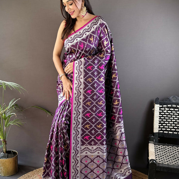 Joban Fashion Purple Jacquard Woven Pattern Lichi Soft Silk Banarasi Saree - Dista