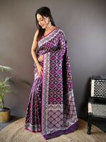 Thumbnail for Joban Fashion Purple Jacquard Woven Pattern Lichi Soft Silk Banarasi Saree - Dista