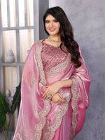 Thumbnail for Vastranavya Baby Pink Embroidery Work Shimmer Chiffon Saree with Unstitched Blouse