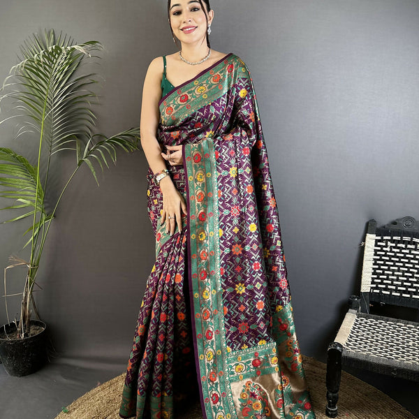 Joban Fashion Wine Banarasi Soft Silk Woven Saree