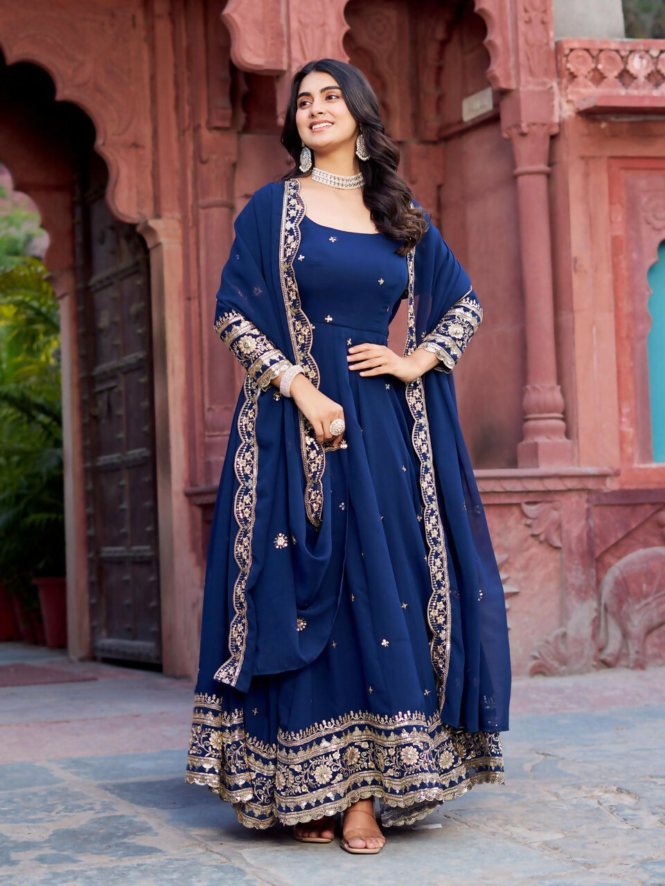 The52 Women's Beautiful Faux Georgette Fabric Embroidery Work Flared Anarkali Pant and Dupatta Set - Distacart