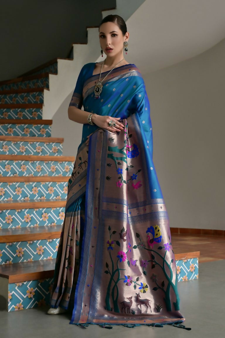 Vishnu Weaves Women's Rama Paithani Silk Zari Woven Saree with Blouse