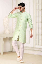 Thumbnail for Raivat Ethnic Banarasi Jacquard Embroidery Semi Indo Western Sherwani In Pista Green Colour