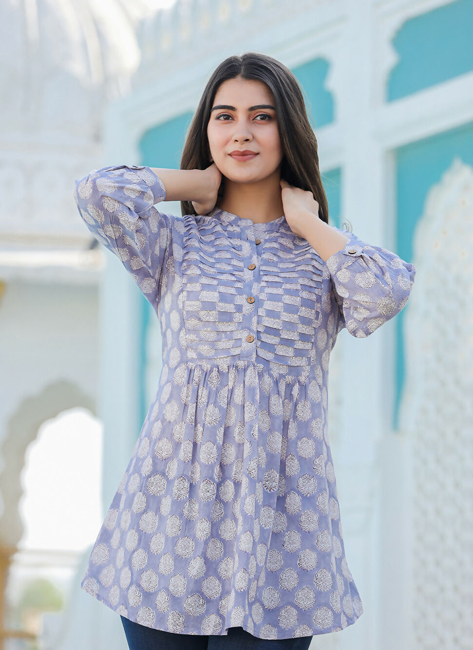 Kaajh Women's Grey Hand Block Printed Cotton Top - Distacart