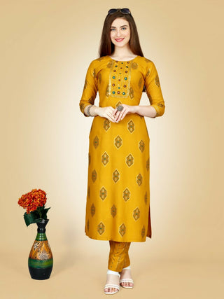 Jyoti Fashion Women's Yellow Viscose Rayon Embroidered Kurta Pant Set - Distacart