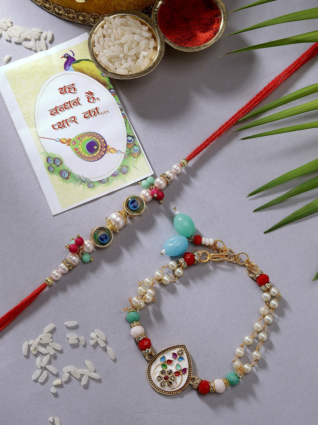 NVR Women & Men Set of 2 Multicolor Artificial Beads Bhaiya Bhabhi Rakhi With Roli Chawal - Distacart