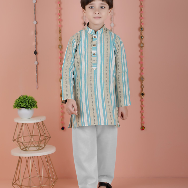 Joban Fashion Kids Island Cotton Full Sleeves Striped Kurta and Pyjama- Blue - Distacart