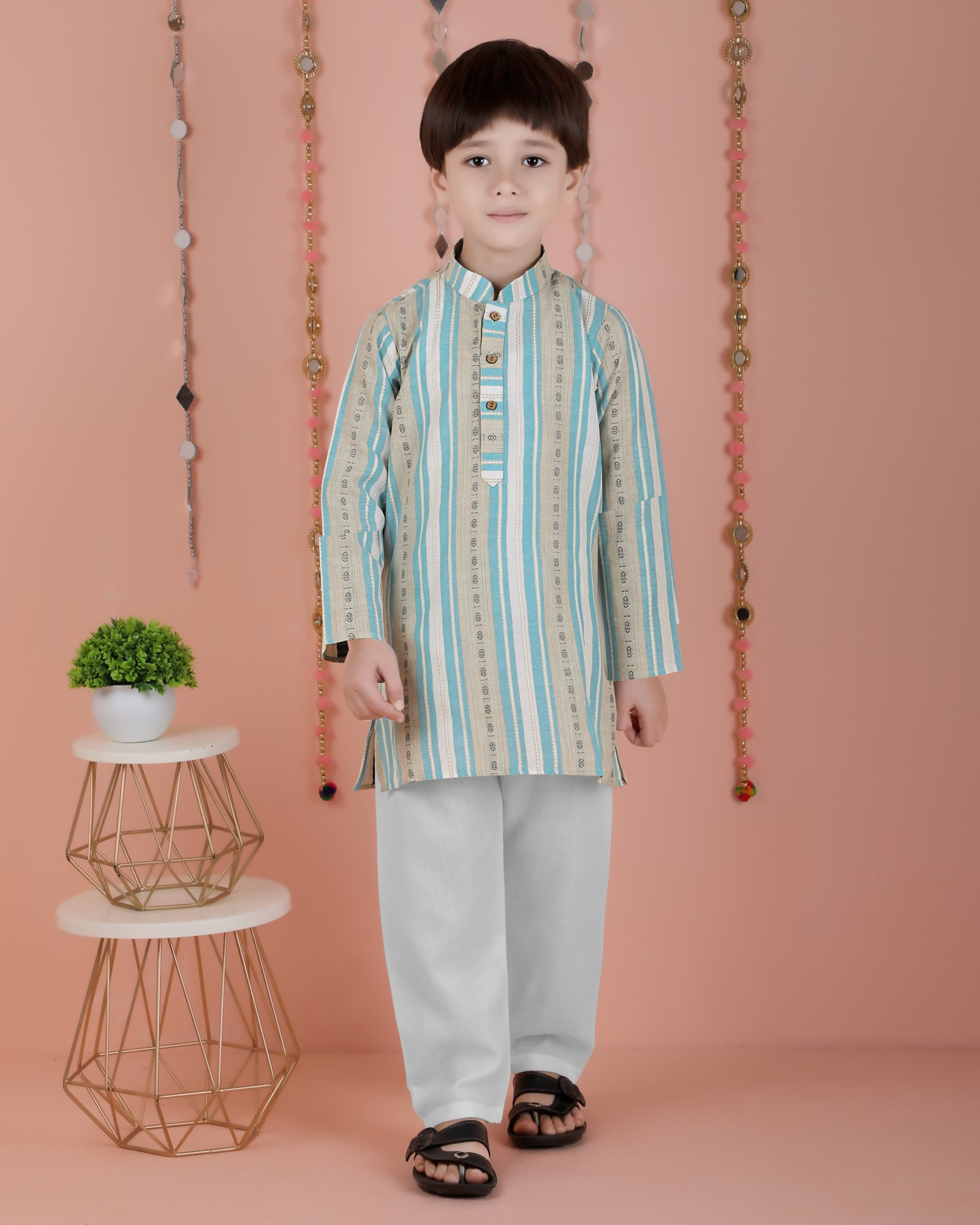 Joban Fashion Kids Island Cotton Full Sleeves Striped Kurta and Pyjama- Blue - Distacart