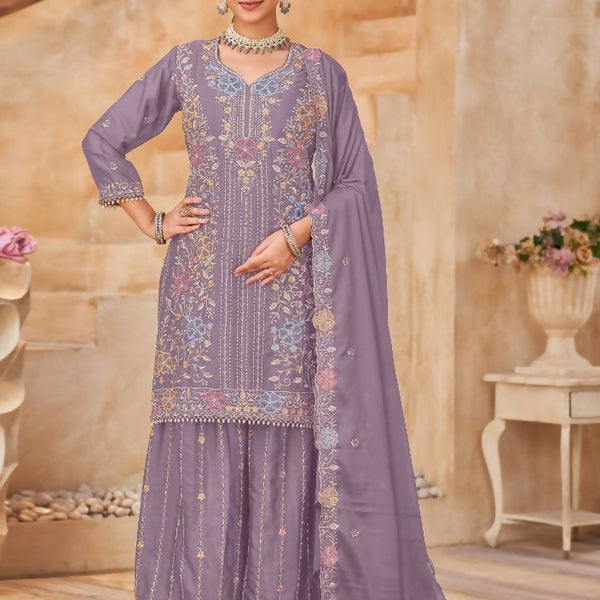 Anaita Lavender Vichitra Silk Readymade Palazzo Suit with Embroidery & Lace Work - Distacart
