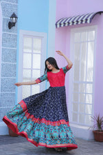 Thumbnail for Jyoti Fashion Women's Navy Blue Patola with Foil Print Dola Silk Anarkali Dress - Distacart
