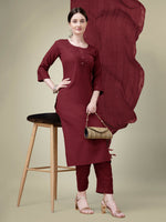 Thumbnail for Jyoti Fashion Women's Maroon Cotton Blend Embroidery & Sequence work Kurta with Trouser & Dupatta - Distacart