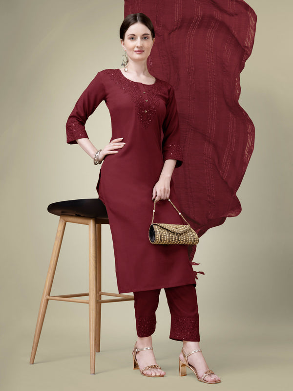 Jyoti Fashion Women's Maroon Cotton Blend Embroidery & Sequence work Kurta with Trouser & Dupatta - Distacart