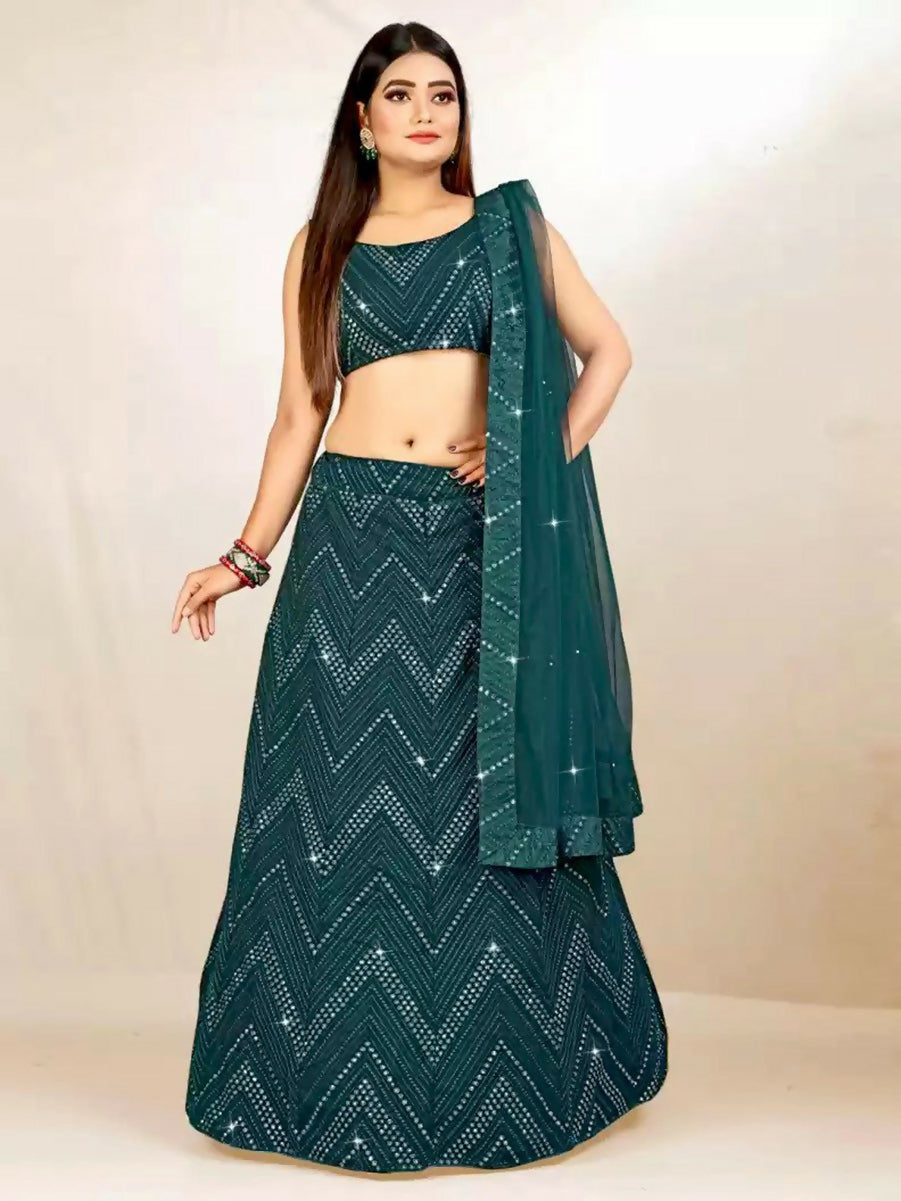 Jyoti Fashion Classy Bottle Green Georgette 3MM Sequins with Thread Embroidery Lehenga Choli with Dupatta - Distacart
