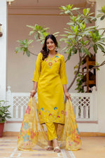 Thumbnail for The52 Yellow Women's Gorgeous Embroidered work Viscose Gadhwal Fabric Straight Kurta, Pant and Dupatta Set - Distacart