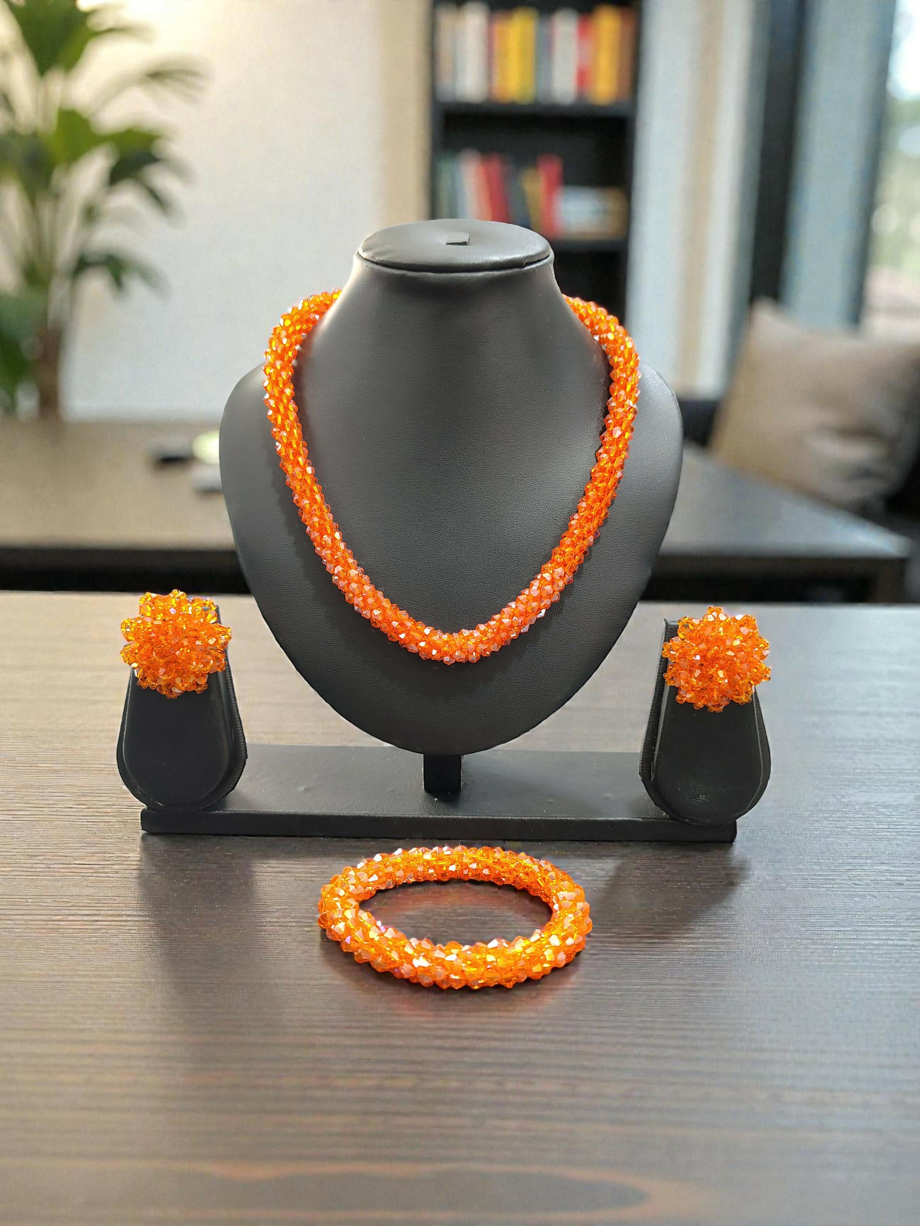 Inhanns Complete Look Crystal Statement 3-Piece Set (Adjustable Necklace + Earrings + Adjustable Bangle ) - Orange - Distacart