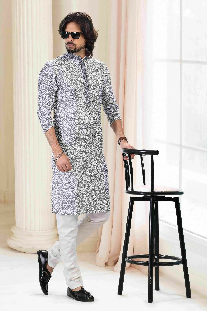 Raivat Ethnic Cotton Thread Work Kurta Pajama In Grey Colour - Dista