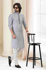 Thumbnail for Raivat Ethnic Cotton Thread Work Kurta Pajama In Grey Colour - Dista