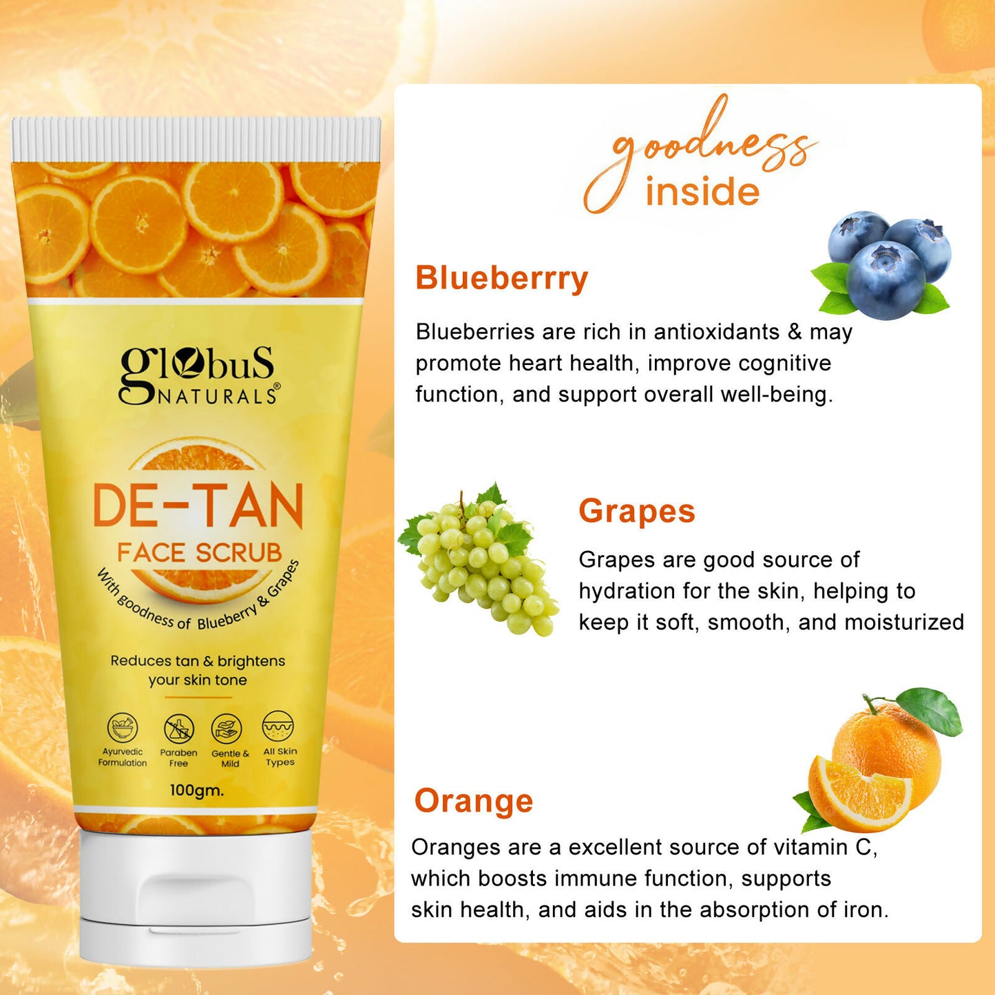 Globus Naturals De Tan Face Scrub, Suitable For All Skin Types - Distacart