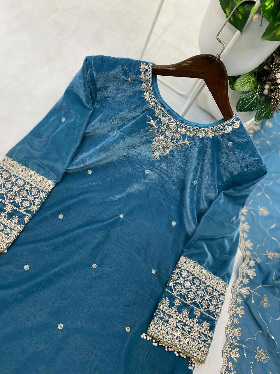 Vastranavya Sea Blue Velvet Sequence Embroidery Work Kurta & Bottom With Dupatta - Distacart