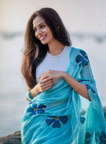 Thumbnail for Prime Volt Women's Sky Blue Floral Digital Print Soft Linen Saree With Blouse - Distacart