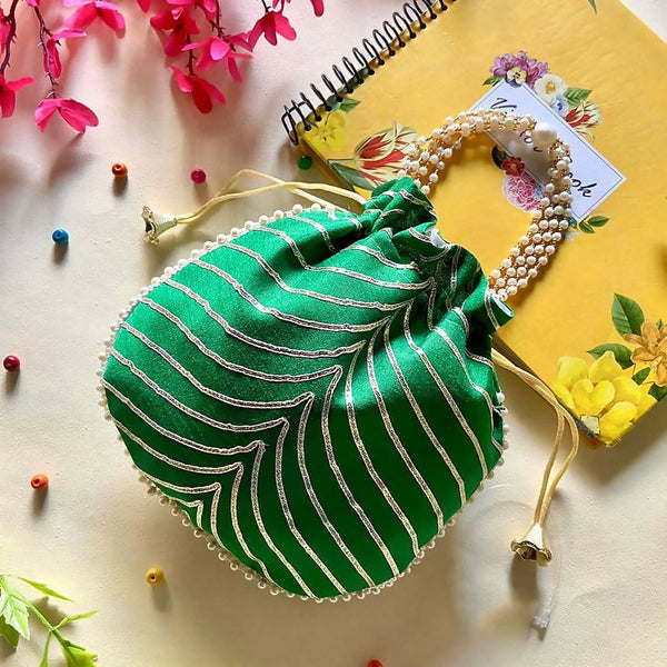 Joban Fashion Pearl Hand Work Potli Bag - Green