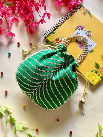 Joban Fashion Pearl Hand Work Potli Bag - Green - Dista