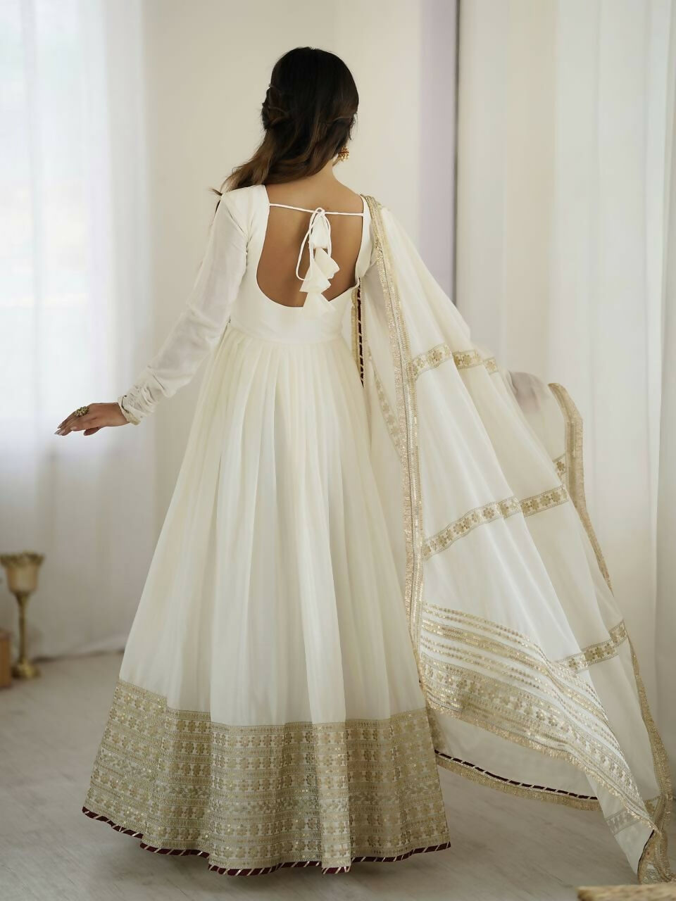 Teeya Creation White Chinon Silk Gown