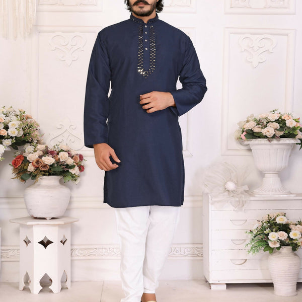 Anaita Navy Silk Straight Kurta With Neck Mirror Work - Distacart