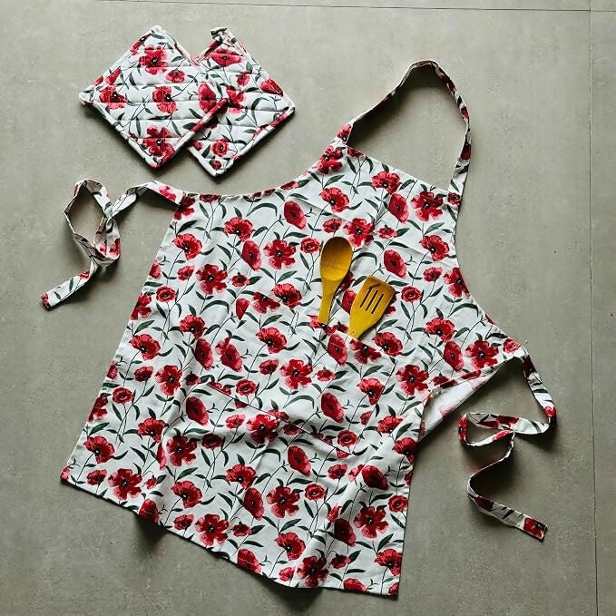 Oak & Lily 100% Cotton Kitchen Apron-Red Poppy Flower - Dista