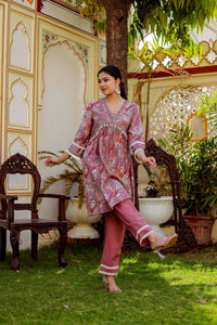 Thumbnail for Vaasva Women Brown Muslin Floral Print Alia cut Kurta & Pant (Cord set) - Distacart