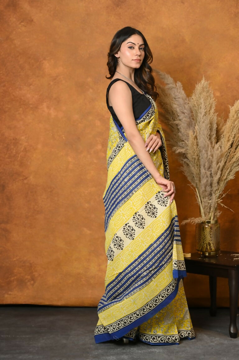 Very Much Indian Handblock Printed Cotton Saree With Natural Dyes - Green - Distacart