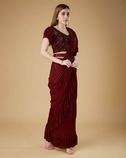 Maroon Imported Crush Solid Ready to Wear Saree with stitched Blouse - Aayan - Distacart