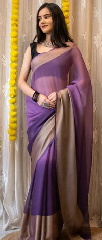 Thumbnail for Malishka Chiffon Woven Boarder Ready To Wear Saree With Blouse Piece - Blue - Distacart