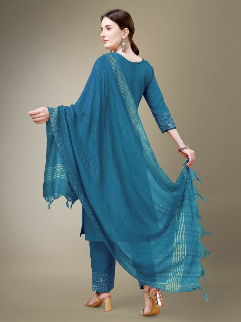 Jyoti Fashion Women's Morpich Cotton Blend Embroidery & Fancy Lace work Kurta with Trouser & Dupatta - Distacart