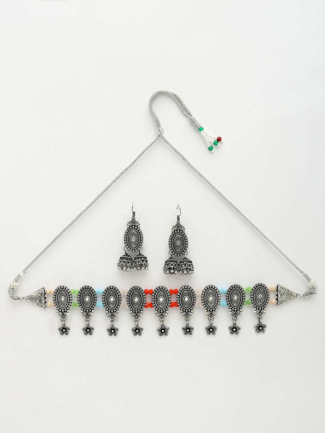 NVR Women's Silver-Plated Choke Oxidized Necklace with Jhumka Earrings - Distacart