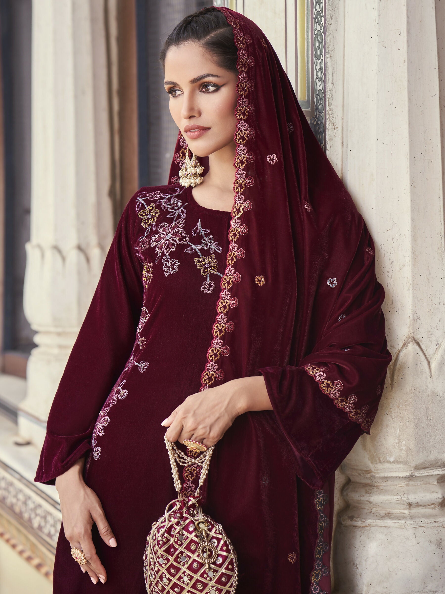 Jyoti Fashion Women's Maroon Velvet Resham Thread with Jari & Sequin Kurta with Trouser & Dupatta - Distacart