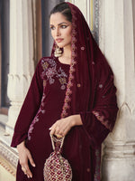 Thumbnail for Jyoti Fashion Women's Maroon Velvet Resham Thread with Jari & Sequin Kurta with Trouser & Dupatta - Distacart
