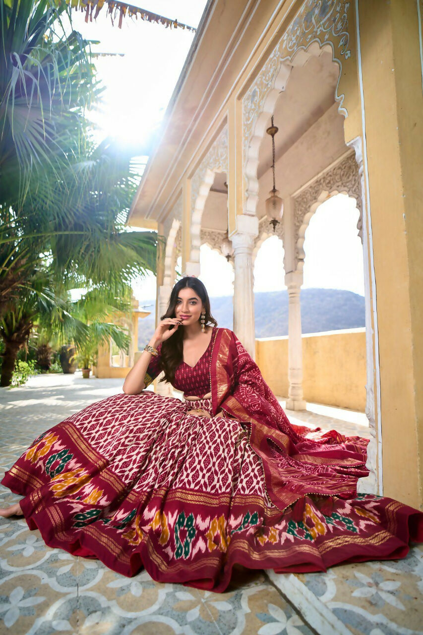 Vastranavya Designer Ikkat Print With Foil Work Lehenga Choli - Maroon - Distacart