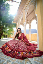 Thumbnail for Vastranavya Designer Ikkat Print With Foil Work Lehenga Choli - Maroon - Distacart